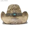 Chapeaux à larges bords Chapeaux de seau Bande Turquoise Casual Évidé Femmes Hommes Unisexes Rétro Raphia Str Large Bord Plage Cowboy Cowgirl Western Chapeau de Soleil (58 cm) L240308