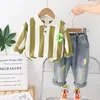 Kids casual clothes sets boys letter embroidery stripe long sleeve POLO shirt colorful Graffiti jeans 2pcs 2024 children outifts Z7030