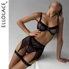 Ellolace Set di quattro pezzi Lingerie erotica Kit reggiseno trasparente Push Up See Through Lace Langerie Mesh Reggicalze intimo senza cuciture 240305