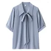 Women's Blouses Gentle Wind Short Sleeve Top Bubble Bow Lace-up Fashion Clothes Hanging Blue Chiffon Shirt
