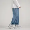 Korean Fashion Mens Baggy Jeans Classic All-match Solid Color Straight-leg Denim Wide-leg Pants Male Light Blue Grey Black 240226