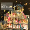 Doll House 3d Assembly Diy Miniature Model Childrens Crossing House Villa Princess Castle Led Light Girl Birthday Gift Toy Hous 240305