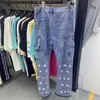 Jeans masculinos fotos reais high street cor emendado jeans lavados homens oversize perna larga reta denim flare calças retro soltas calças casuais 3 cores 240308