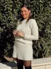 Arbeitskleider TRAFZA Elegantes Damenmode-O-Ausschnitt-Strickpullover-Set mit Kunstperlen und Perlen, hohe Taille, schmale Passform, Minirock, 2-teilig