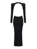カジュアルドレスTwotwinstyleソリッドスプレッチ女性のためのエレガントな丸い首の長袖ハイウエストバックレスドレス女性ファッション2024