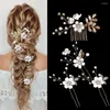 Grampos de cabelo usam grampos de cabelo elegante falso pérola flor pente lateral conjunto para casamento noiva folha dourada em forma de liga tiaras