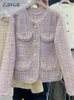 CJFHJE Chaqueta de Tweed recortada coreana perlas Vintage mujer moda prendas de vestir exteriores abrigo de mezclas de primavera diseño elegante Chaqueta corta 240307