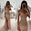 Elegant Champagne Prom -klänningar från Shoulder Glitter -paljetter Aftonklänning veckar delad formell lång speciell OCN -festklänning