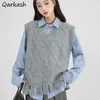 Work Dresses Women Sets Knitted Sweater Vests Blue Shirts Tassel Simple Korean Preppy Style Sweet Girl Argyle Striped All-match Streetwear