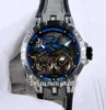 Yeni Excalibur 46 PVD RDDBEX0481 Çift Tourbillon Otomatik Erkekler İzle Siyah Dial Mavi İç Çelik Kılıf Gri Leathre Saatler4873180