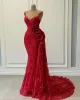 Ebi Arabic Aso Red Luxurious Mermaid Evening Sheer Neck Prom Dresses Lace Beaded Formal Party Second Reception Gowns Zj493