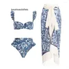 Dames Badmode Dames Badmode Designer 2024 Dames Sexy Blauw-wit Porselein Print Bikini Set Rok Cover Up Kanten Badpak Strandkleding Biquini zwemkleding