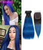 Бразильские пучки натуральных волос с застежками Прямые 1B Синие 3 пучка с кружевной застежкой 4X4 Два тона цвета 1bblue 4PCS4739041