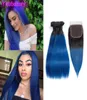 Brazylijskie wiązki Virgin Hair z zamknięciami proste 1b Blue 3 wiązki z zamknięciem koronki 4x4 Dwa tony kolor 1bblue 4pcs4739041