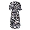 Casual Dresses Trendy For Women 2024 Leopard V Neck Lace Up Wrap Dress Ladies Evening Party Midi Woman Clothing