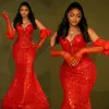 2024 African Aso Ebi prom jurken Mermaid Red Evening Jurns Lover Soundined Lace Pearls Sheer Neck Formal Dress voor Nigeria Black Women Birthday Party Jurken AM489