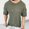 Men's Sweaters Loose Solid Color Distressed Casual Street Fashion 2024 Summer Round Neck Short Sleeved Hollow