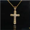 Pendant Necklaces Retro Sier Cross Charm Fl Ice Out Cz Simated Diamonds Catholic Crucifix Necklace With Long Cuban Chain Drop Delive Dhetw