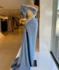 Satin Silk Evening Dresses Gold Appliques Puff Sleeve Mermaid Prom Gowns Slim Side Split Red Carpet Fashion Party Dresses BC18148