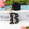 Car Key New A-Z Letters Keychian Acrylic Initials Key Ring With Black Fluffy Pompom Pendant For Women Girls Purse Handbags Accessories Dhwfu