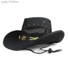 Breda brimhattar hink hattar retro ko huvud läderband kvinnor män pu läder rulla upp breda grim sombrero sun c strand cowboy cowgirl western hatt justera l240308