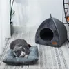 Halfgesloten kattenmand Antislip huisdierkennel Grijs kittenhuis Binnenslapen Kattengrotbed Pluche Opvouwbaar Kleine honden Tentspullen 240226