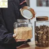 Food Jars Canisters 1.25/1.95/2.5/3.4L Glass Round Food Storage Jar with Wooden Lid Kitchen Coffee Beans Tea Grains Canister Home Snack Storage Tank L240308