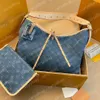 NEU CarryAll MM Denim Blue Denim Canvas für Damen Leder-Kordelzug mit Magnetverschluss Innentasche mit Reißverschluss Abnehmbares Namensschild Designer-Theke Tragetasche mit großem Fassungsvermögen