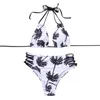 Women's Swimwear Stretchy 2Pcs/Set Stylish Hanging Neck Bra Palm Tree Print Panties Swimsuit Quick Drying Bikini Set High Waist Beachwear