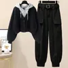Kış Plus Boyutu Peluş Kalınlaştırılmış Tek Göğüslü Hoodie Tunik Gevşek Giyim Zarif Kadın Pantolon Set Moda Kıyafet 240308