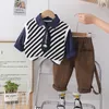 Preppy style toddler kids clothes sets little boys cartoo printed tie lapel long sleeve shirt stripe sweater vest pants 3pcs 2024 spring childre outfits Z7035