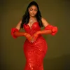 2024 African Aso Ebi prom jurken Mermaid Red Evening Jurns Lover Soundined Lace Pearls Sheer Neck Formal Dress voor Nigeria Black Women Birthday Party Jurken AM489