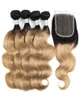 1B 27 Ombre Fasci di capelli biondi miele con chiusura Estensioni dei capelli indiani dell'onda del corpo 4 pacchi con chiusura in pizzo 4x4 Remy Human Hai4739463