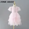 Summer Kids Girl Party Dress Round Collar Lace Mesh Patchwork Princess Layered Dresses Children Formal Clothing H0502 240223
