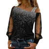 Kadın bluzları yaz gündelik uzun kollu kadınlar üstleri pullu baskı seksi örgü bluz soğuk omuz siyah gömlek ince sıkı gömlekler blusas