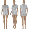 Sets 5Sets Bulk Großhandel Glänzendes Zweiteiler-Set Damen Turndown-Kragen T-Shirt + Mini-Shorts Trainingsanzüge Stilvolle helle Seiden-Outfits 9951