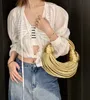 Handbags for Women 2023 in Gold Luxury Designer Brand Handwoven Noodle Bags Rope Knotted Pulled Hobo Silver Evening Clutch 240301