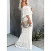 Sukienki swobodne Happie Queens Women White Lace Off ramię Bohemian Maxi Batwing Rękaw Seksowna sukienka wieczorowa vestidos boho szata