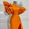 Orange One Shoulder Prom Dresses Summer Puff Short Sleeves Sexy Side Slit Evening Dress Simple Satin Cocktail Party Gowns