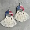 Stud Earrings Boho Tassel Red White Blue USA Independence Day For Women Wooden Flag Hat Handwoven Printed Gifts