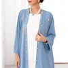 Ethnic Clothing Open Kimono Abaya Dubai Islamic Caftan Jalabiyat Blue Holiday Handwork Rhinestone Full Sleeve Belted Arab Africano Robe