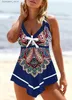 Kvinnors badkläder kvinnors badkläder tankini 2 stycke vanlig baddräkt 2 bit blå lily tryckt baddräkt sport strandkläder semester s-6xl l240308