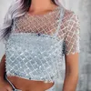 Womens t Shirts Taruxy Mesh Splice Sequins Cover-up Women Sexy See Through Short Sleeve Crop Tops Ladies 2024 Party Beach Cover Up Femme