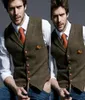 2020 New Brown Groom Vests 양모 영어 Herringbone Tweed Slim Fit Prom Groomsmen Attrier Afrish Opfit Wed Wedding Dress Tailor W2458521