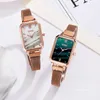 Relógios de pulso mulheres relógios moda praça senhoras relógio de quartzo pulseira conjunto mostrador verde simples rosa malha de ouro luxo 5373 7186 5452