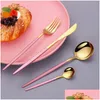 Dinnerware Sets 20Piece Pink Cutlery Set Stainless Steel Tableware Kitchen Dinnerware Sier Dinner Utensils Reusable Home Flatware Drop Dhr6Q