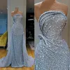 Lichtblauwe prom -jurken Sparkly pailletten mouwloze op maat gemaakte plooien kralen avondjurk formele ocn slijtage vestidos plus maat