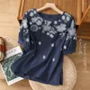 Mulheres camisetas Algodão Linho T-shirt Mulheres Verão 2024 Bordado Solto Tees Mangas Curtas Floral Top Estilo Chinês O-pescoço Roupas