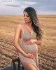 Moderskapsklänningar Sexig transparent V-Neck Maternity Photography Props Dress Bifurcate Backless Clothing Graviditet Foto Shoot Baby Duschar klänning L240308