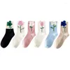 Women Socks 1 Pair Cartoon Flower Candy Color Harajuku Breathable Design Korean Style Japanese Comfortable Tulip